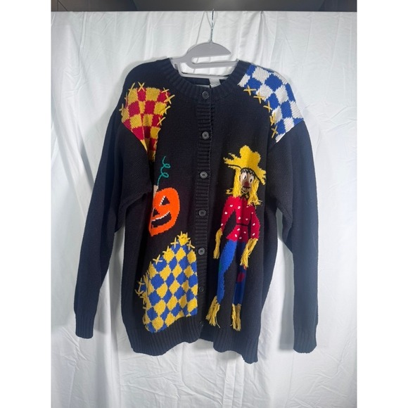 Sweaters - Vintage 90s Halloween Cardigan Sweater Scarecrow Pumpkin Patchwork Size XL